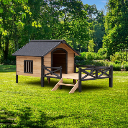 Outdoor Large Wooden Dog Kennel With Porch – Cabin Style House for Large Dogs