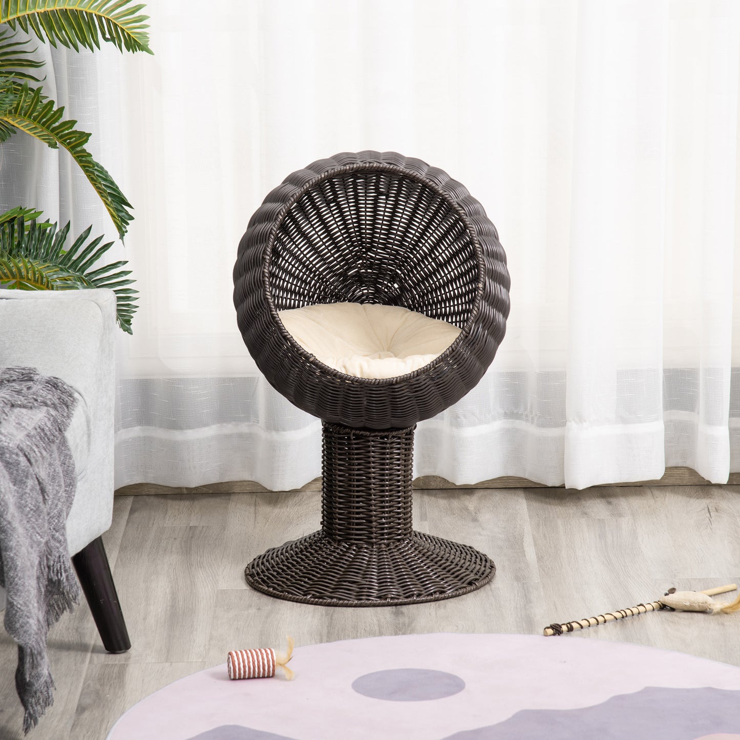 Elevated Rotating Cat Bed Hut - Modern Boho Woven Sphere Kitty Hideaway