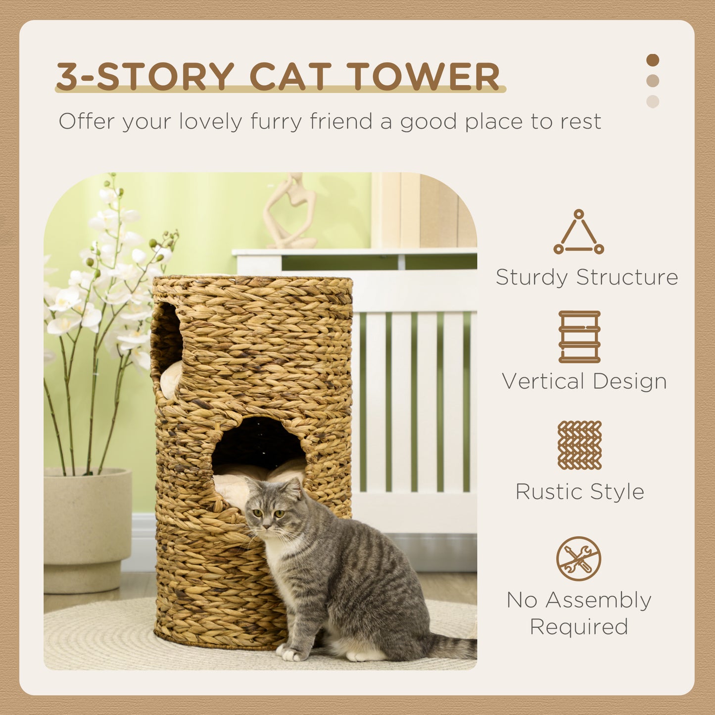4-Story Cat Tower with Hideaways - Hand-Woven Water Hyacinth | Plush Cushions