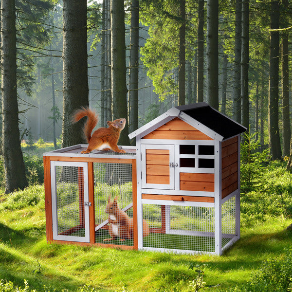 2-Tier Wooden Rabbit Hutch with Outdoor Run — Waterproof Bunny Cage | Solid Fir Wood