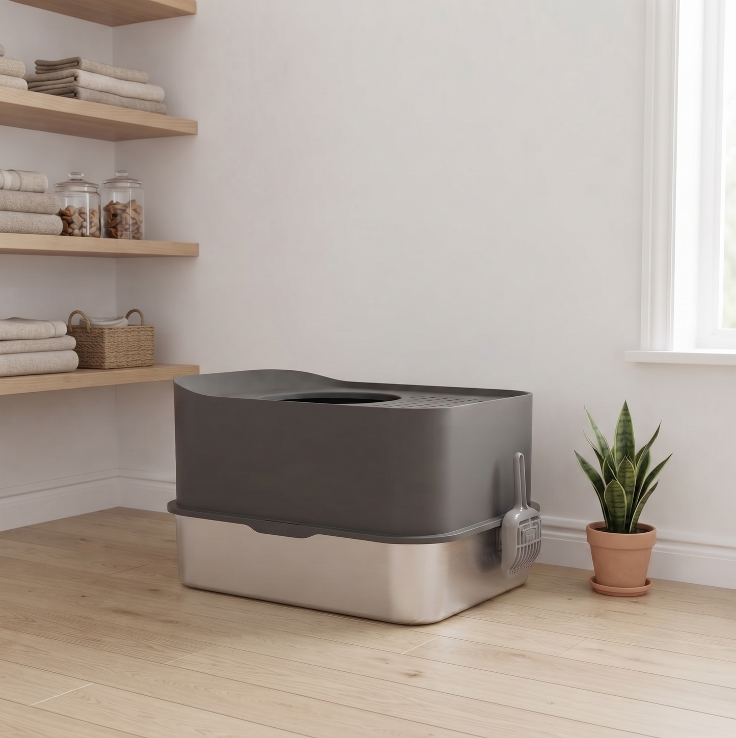 Extra large stainless steel cat litter box - minimalist utility room with plant