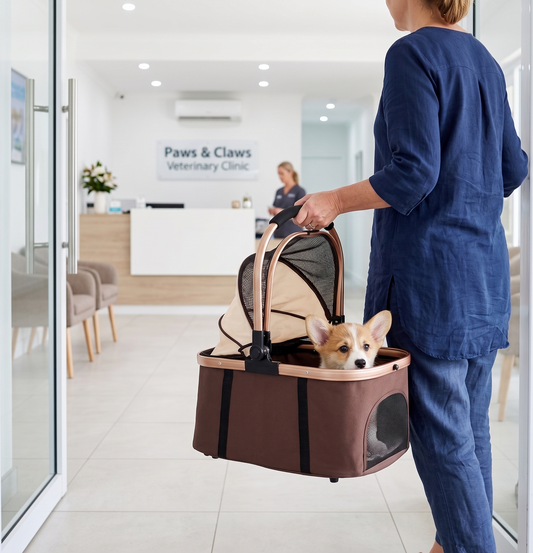 Detachable pet carrier basket from the 3-in-1 double stroller carried by a woman entering a veterinary clinic with a Corgi puppy inside