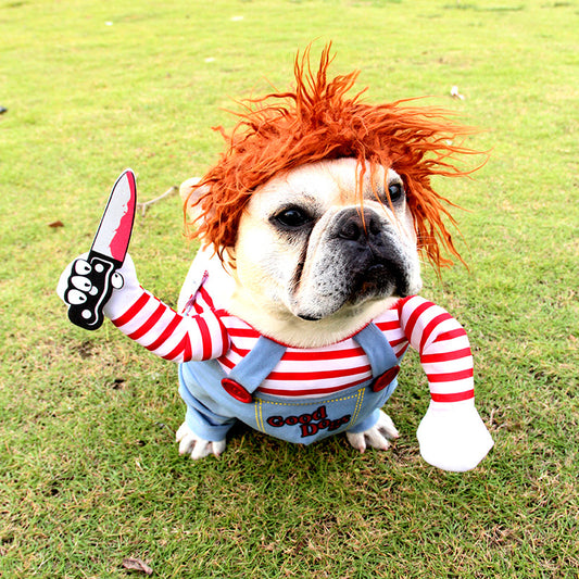 Chucky Dog Halloween Costume – Funny Adjustable Pet Cosplay with Wig & Knife Prop