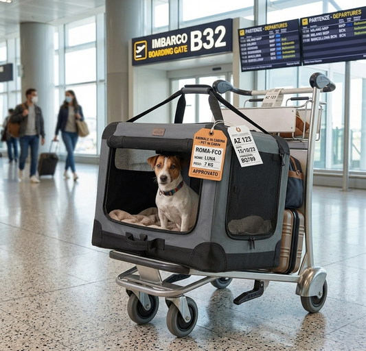 Dog in a soft-sided pet carrier crate at an airport terminal, placed on a luggage trolley near gate B32