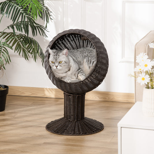 Rotating Elevated Woven Cat Bed Hut with Plush Cushion