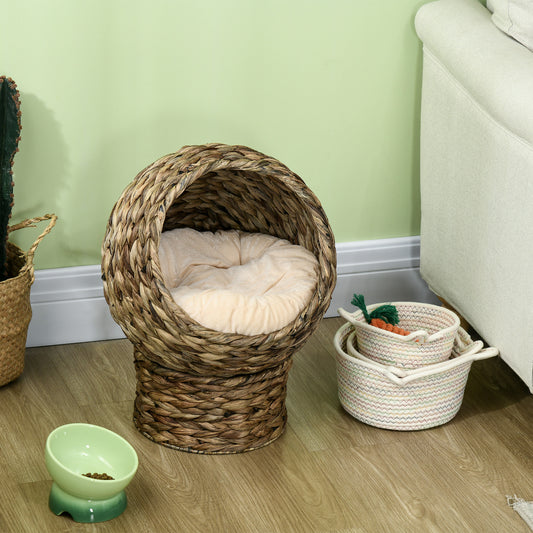 Elevated Wicker Egg Pod Cat Bed – Rotatable Basket House with Cushion