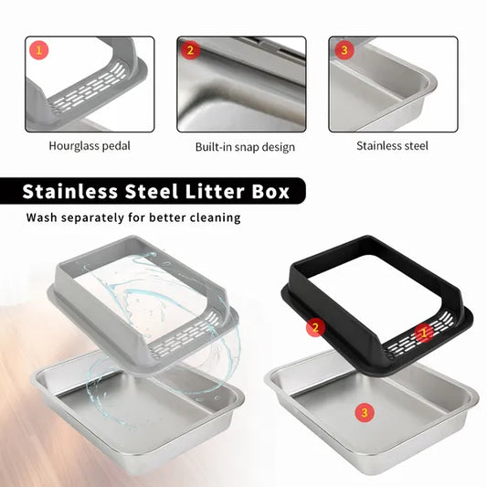 Interior view of stainless steel cat litter box – smooth non-porous surface easy to clean