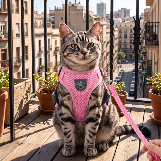 Tabby cat wearing pink mesh harness vest with leash on sunny apartment balcony, GianfiStore