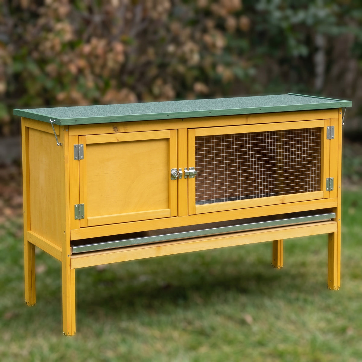Extra-Wide Wooden Rabbit Hutch — 45" Raised Bunny House with Hinged Asphalt Roof