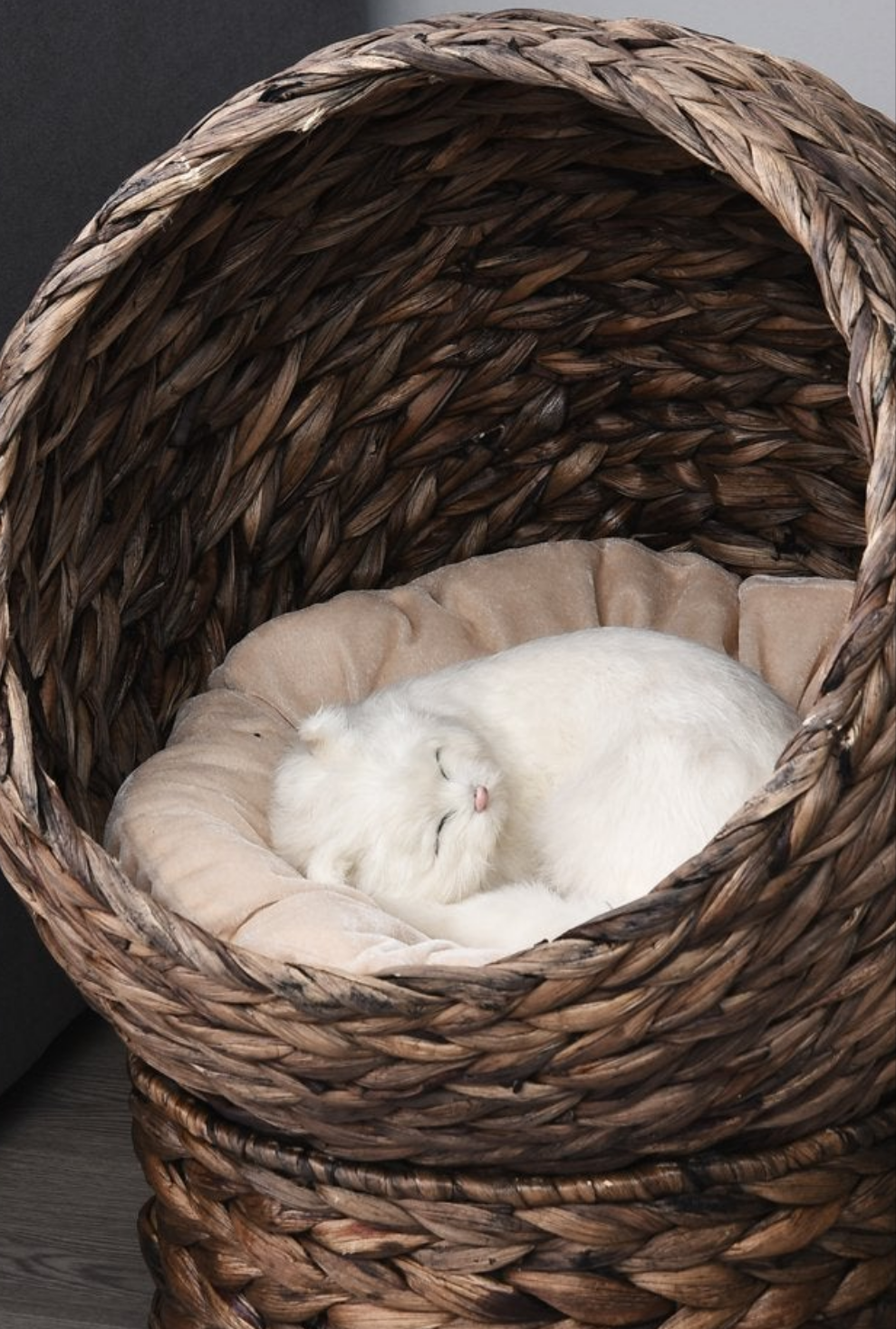 Handcrafted Elevated Rattan Cat Bed with Rotating Basket