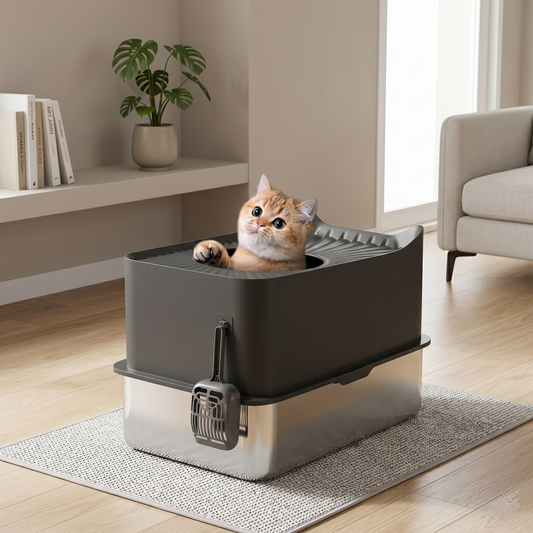 GianfiStore Extra Large Stainless Steel Cat Litter Box - Enclosed Top Entry with Scoop & Anti-Slip Pads