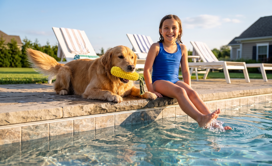 Golden retriever lying at the edge of a swimming pool chewing a yellow corn toy, next to a smiling girl in a blue swimsuit with feet in the water on a sunny day.
