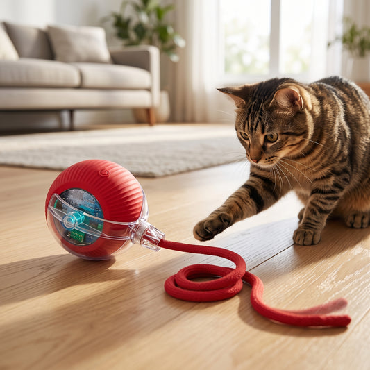 Curious cat reaching toward a red rechargeable rolling pet toy with attached rope on a living room floor