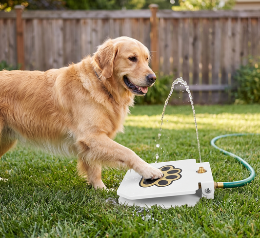 Golden Retriever pressing paw pedal on GianfiStore Step-On Dog Water Fountain – fresh water flowing, sunny American backyard