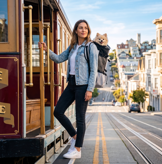 Woman on San Francisco cable car with GianfiStore dog carrier backpack - hands-free urban travel