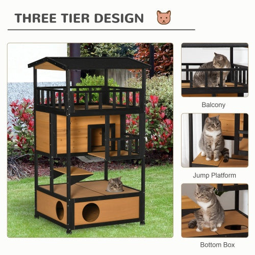 54" Outdoor Wooden Cat House - 3-Tier Luxury Sanctuary | Escape Doors & Weatherproof Roof