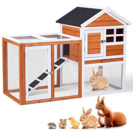 2-Tier Wooden Rabbit Hutch with Outdoor Run — Waterproof Bunny Cage | Solid Fir Wood