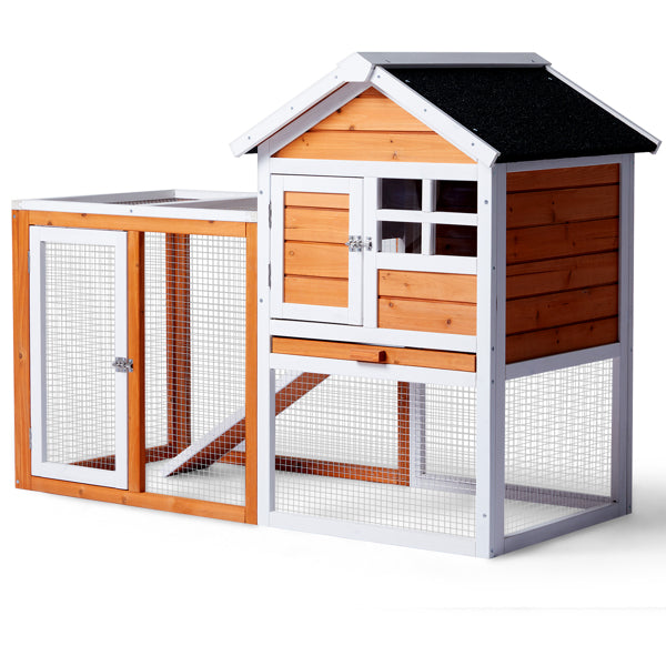 2-Tier Wooden Rabbit Hutch with Outdoor Run — Waterproof Bunny Cage | Solid Fir Wood
