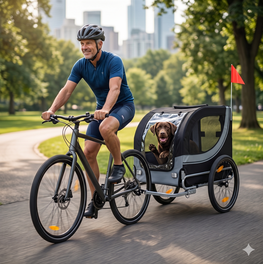 Fit man in his 50s cycling in an urban park with a GianfiStore dog bike trailer attached, chocolate Labrador happily peeking out with paw raised