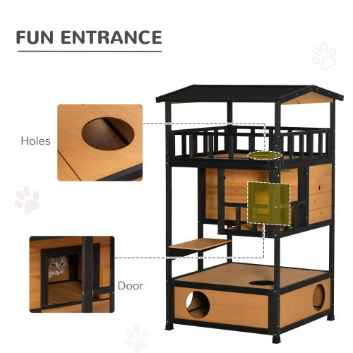 54" 3-Tier Outdoor Wooden Cat House with Escape Doors