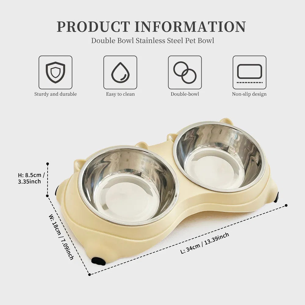Dual stainless steel pet bowls white yellow macaron colors dishwasher safe non-slip