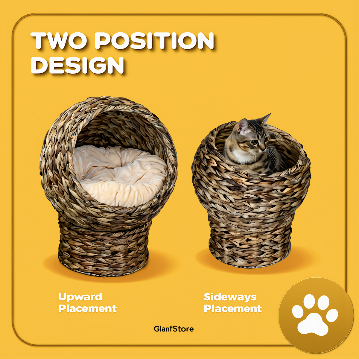 elevated wicker egg pod cat bed two position design - upward placement and sideways placement, versatile cat furniture | GianfiStore