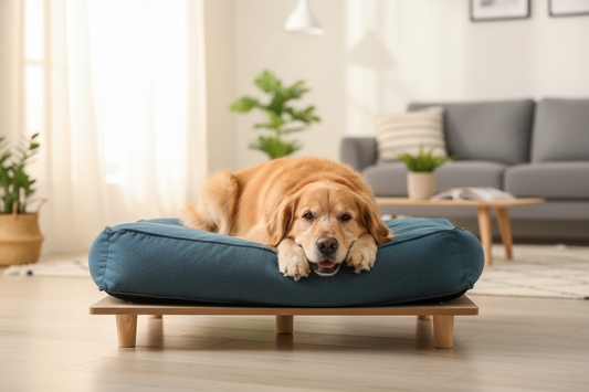 GianfiStore Raised Dog Sofa Bed – large dog relaxing in a bright Scandinavian living room, dark blue cushion with pine wood legs