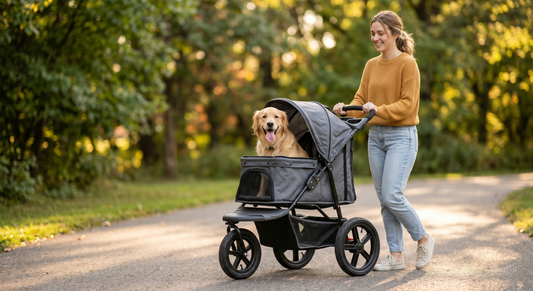 Woman walking her golden retriever in a premium grey dog stroller in a sunny park