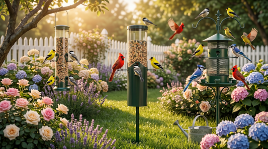 Three bird feeders in a lush backyard garden with cardinals goldfinches chickadees and blue jays feeding among roses lavender and hydrangeas