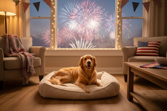 Golden retriever relaxing safely indoors on a dog bed while 4th of July fireworks light up the sky outside