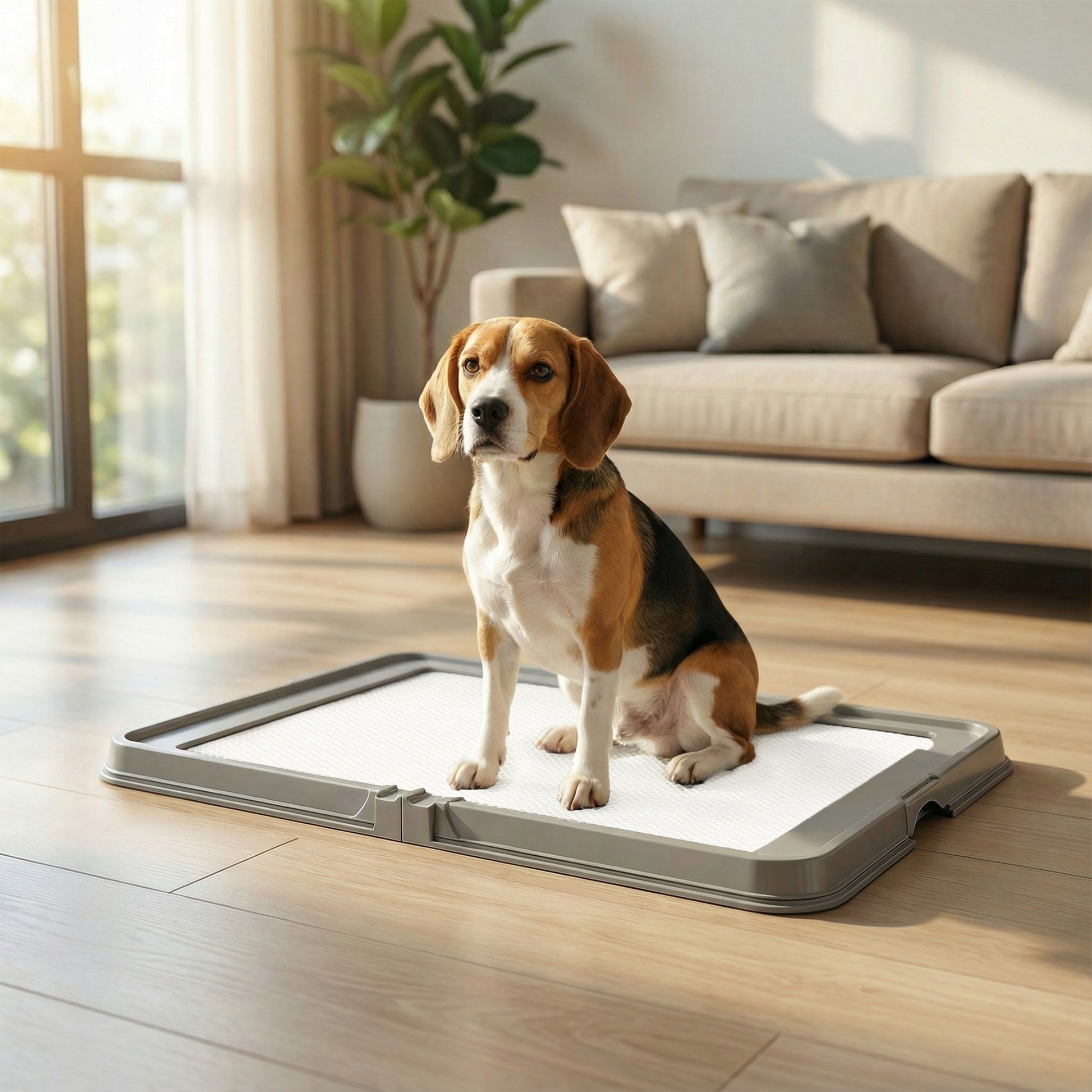 Foldable gray dog pee pad holder with anti-slip feet on white background