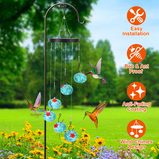GianfiStore Hummingbird Feeder Wind Chime – Blue outdoor hanging garden decoration with 6 feeding stations