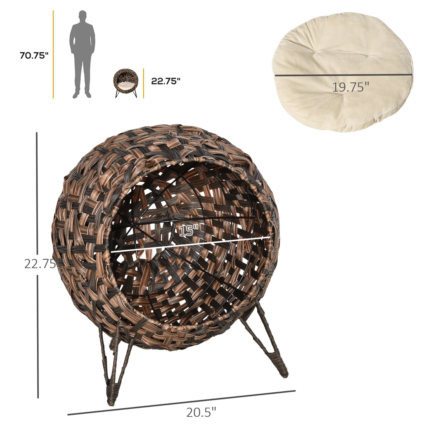 Handwoven Elevated Cat Bed – Egg Chair Wicker Basket House with Cushion