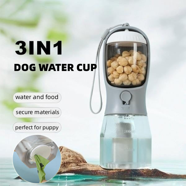 3-in-1 Portable Dog Travel Bottle — Water Dispenser, Food Container & Waste Bag Station