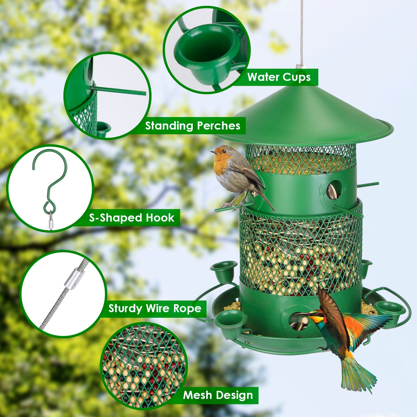 3-Tier Deluxe Wild Bird Station — Squirrel-Proof Rustproof Metal | 6 Perches & 4 Water Cups
