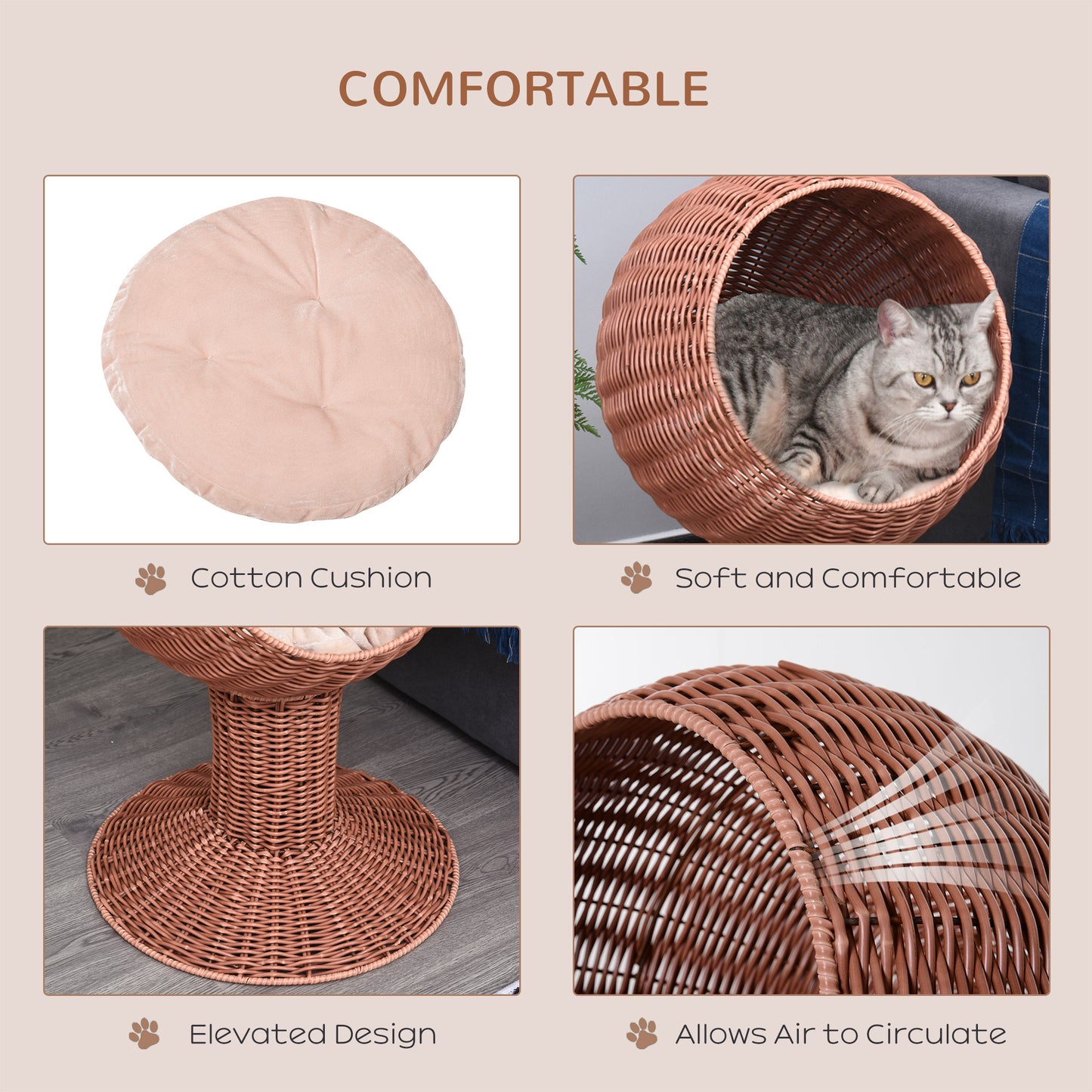 Elevated Wicker Egg Pod Cat Bed – Rotatable Basket House with Cushion