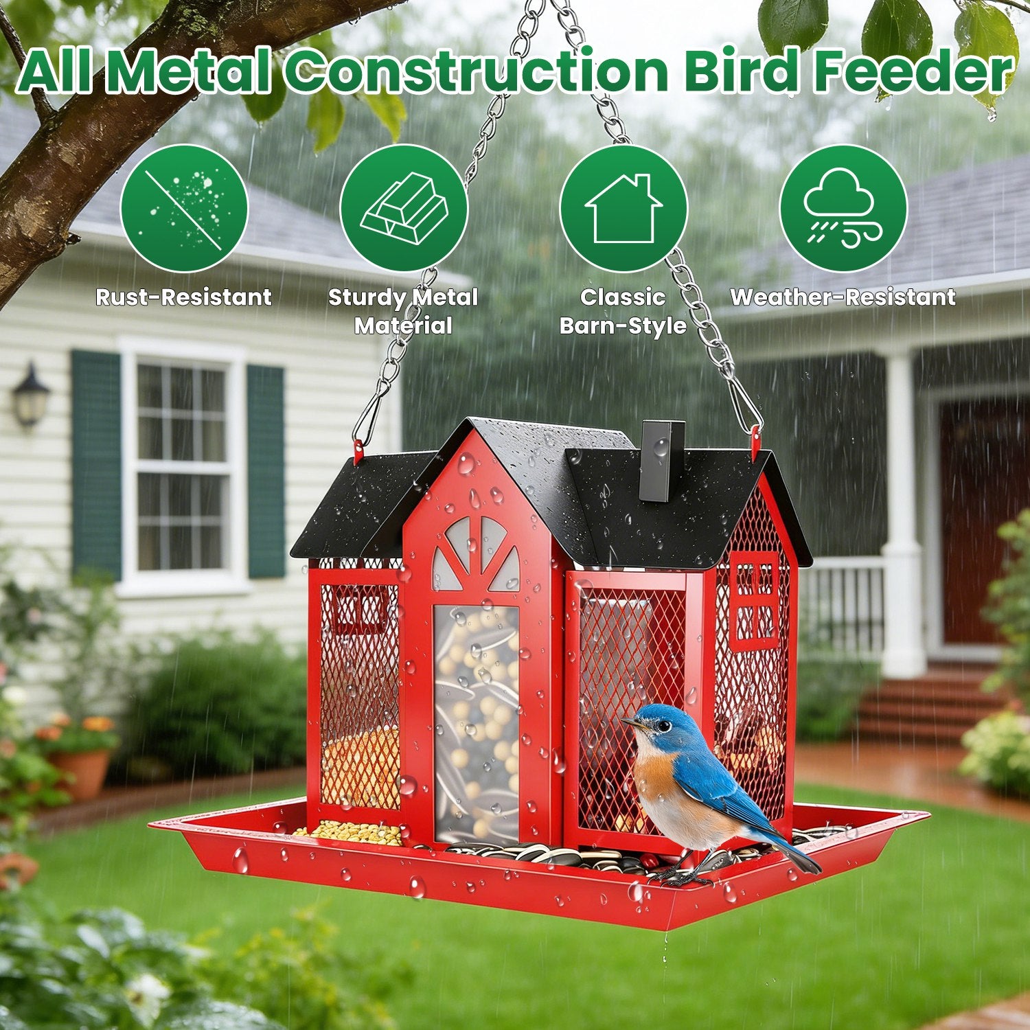 All-metal construction bird feeder infographic showing key features and build quality
