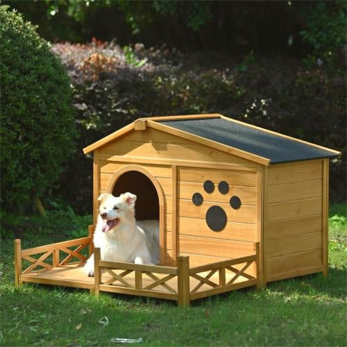 48" Wooden Dog Mansion with Sun Porch & Fencing | All-Weather Luxury Kennel (66 lbs Capacity)