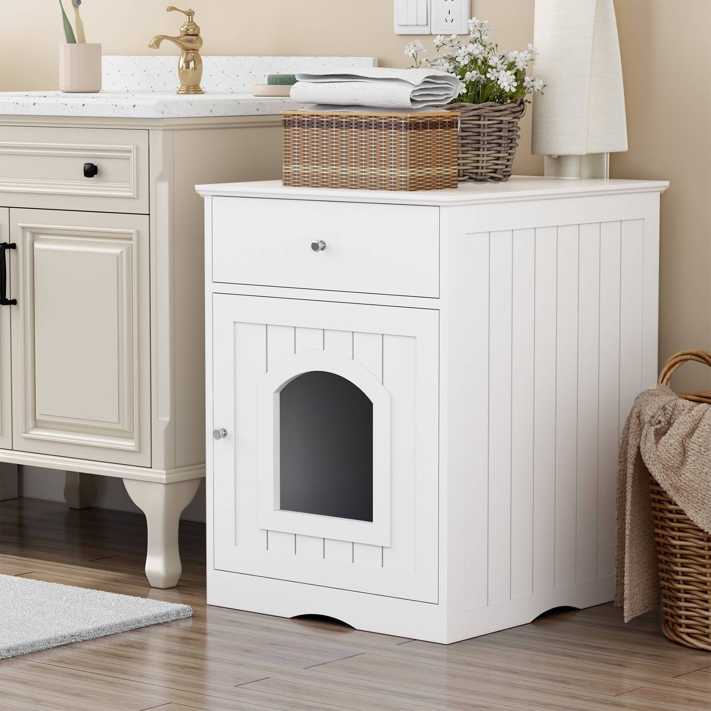 Hidden Cat Litter Box Enclosure – Solid Wood End Table with Storage Drawer | White