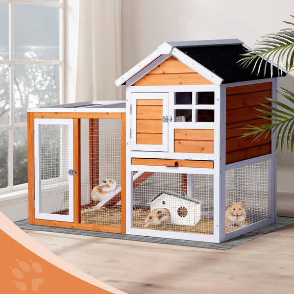 2-Tier Wooden Rabbit Hutch with Outdoor Run — Waterproof Bunny Cage | Solid Fir Wood