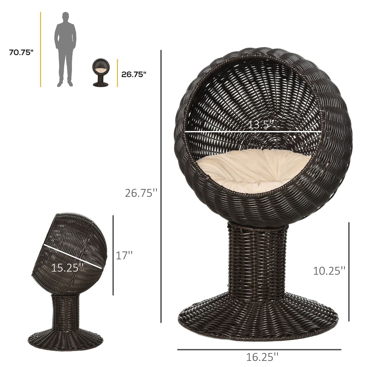 Elevated Rotating Cat Bed Hut - Modern Boho Woven Sphere Kitty Hideaway