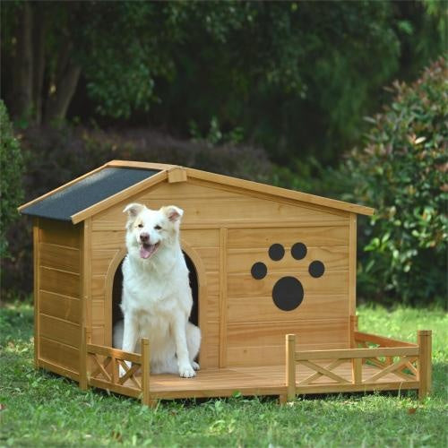 48" Wooden Dog Mansion with Sun Porch & Fencing | All-Weather Luxury Kennel (66 lbs Capacity)