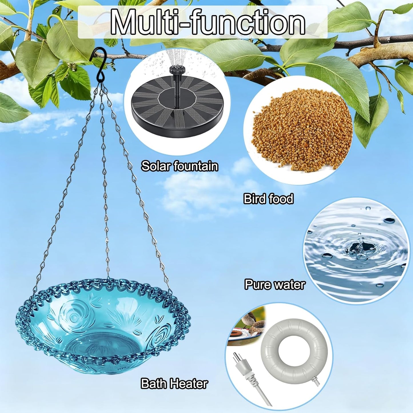 Hanging Bird Bath & Feeder for Outdoors – Decorative Plastic Bowl for Garden & Yard