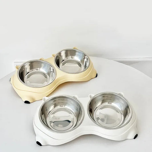 Top view dual pet bowls 600ml stainless steel inner bowls food and water separation