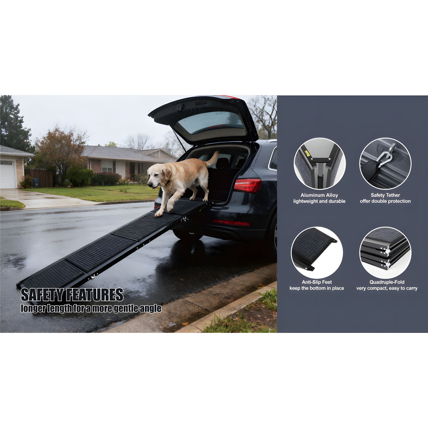 71 Inch Extra Long Quad-Fold Dog Ramp — Heavy Duty Aluminum | Supports 250 lbs for SUV & Truck