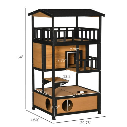 54" 3-Tier Outdoor Wooden Cat House with Escape Doors