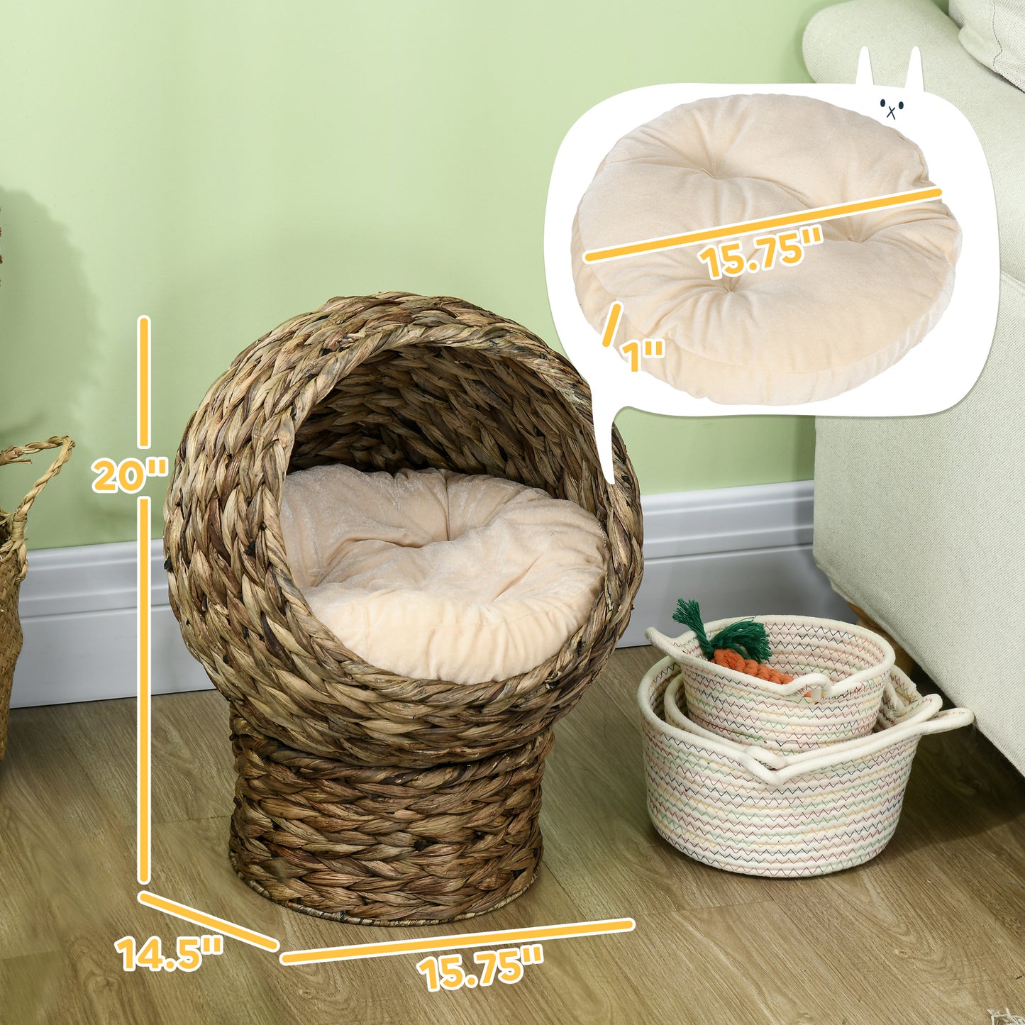 Elevated Wicker Egg Pod Cat Bed – Rotatable Basket House with Cushion