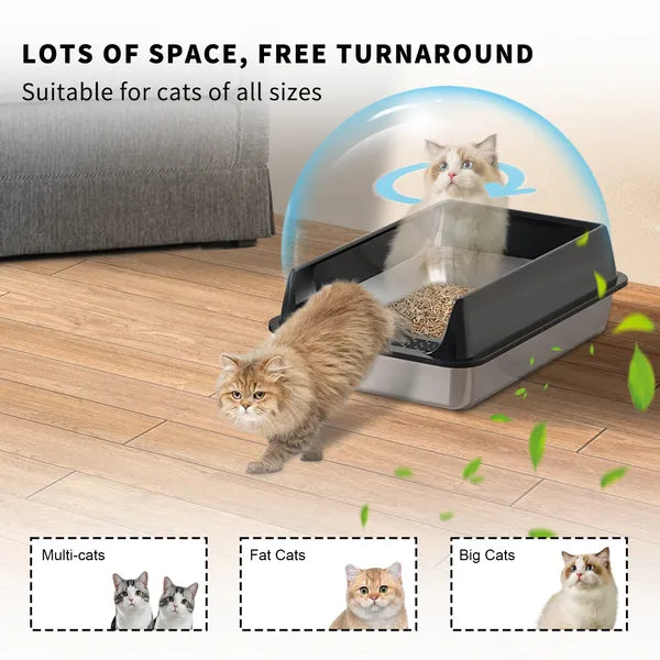 Cat using stainless steel litter box – spacious interior with durable aluminum construction