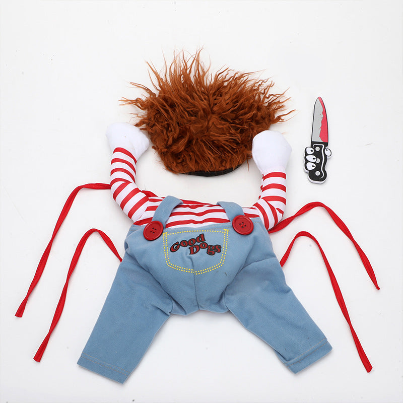 Chucky Dog Halloween Costume – Funny Adjustable Pet Cosplay with Wig & Knife Prop