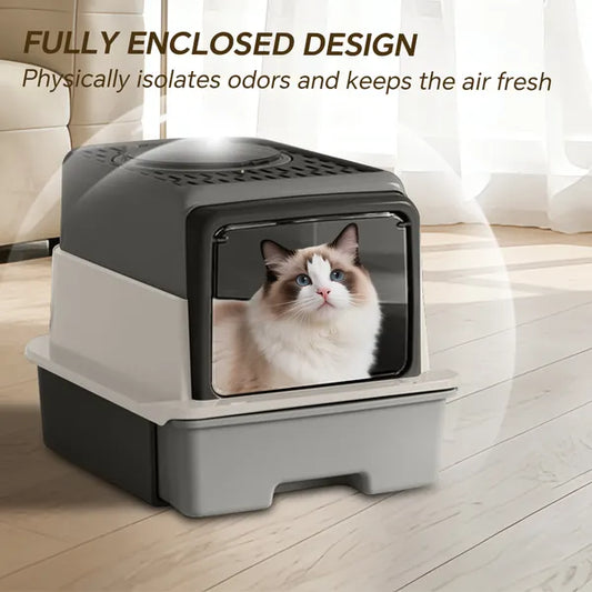 Fully enclosed cat litter box with transparent front door and top opening, multi-tone gray design